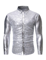 Men's Sequin Metallic Prom Party Button Long Sleeve Shirt