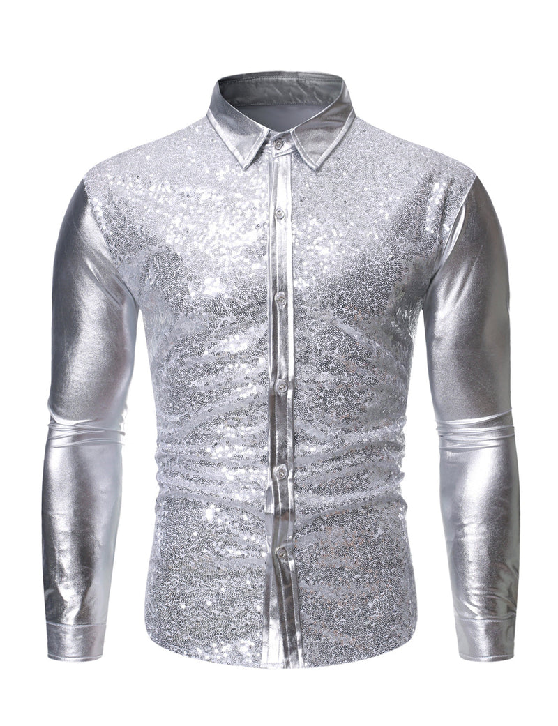 Men's Sequin Metallic Prom Party Button Long Sleeve Shirt