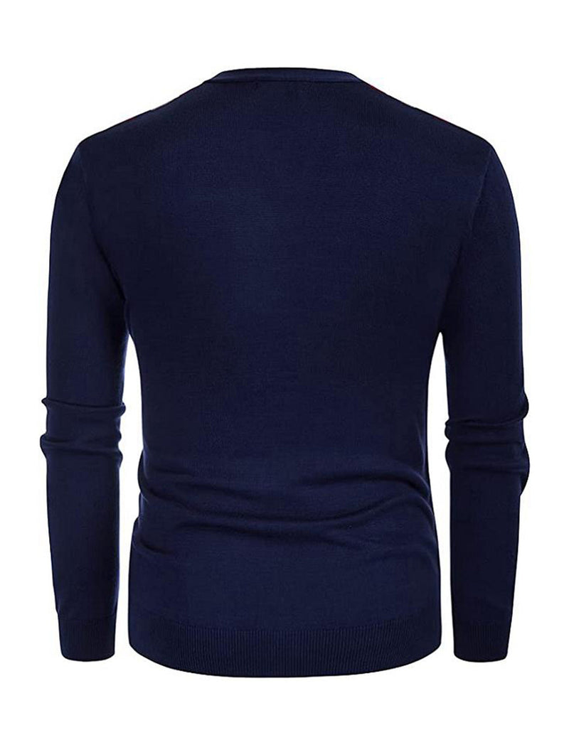 Men's Casual Vintage Striped Button Up Knit Polo Shirt Navy Blue V Neck Cardigan Sweater