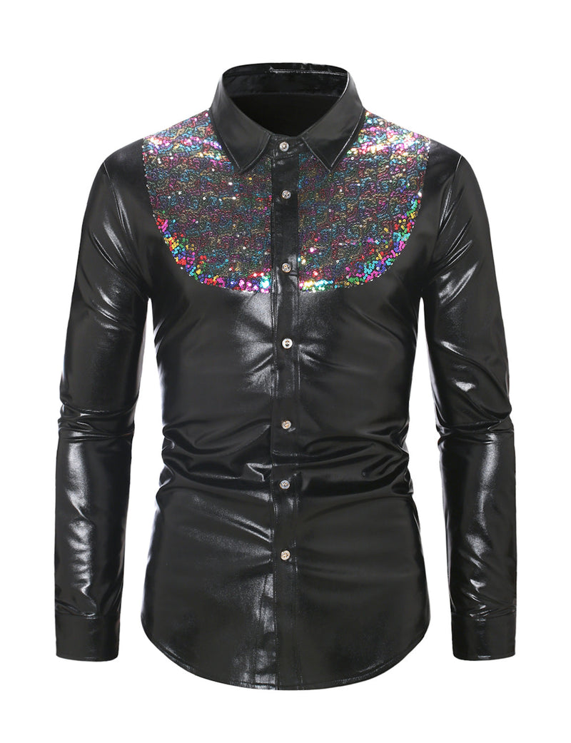 Men's Button Up Luxury Shiny Tuxedo Party Costume Long Sleeve Dress Shirt