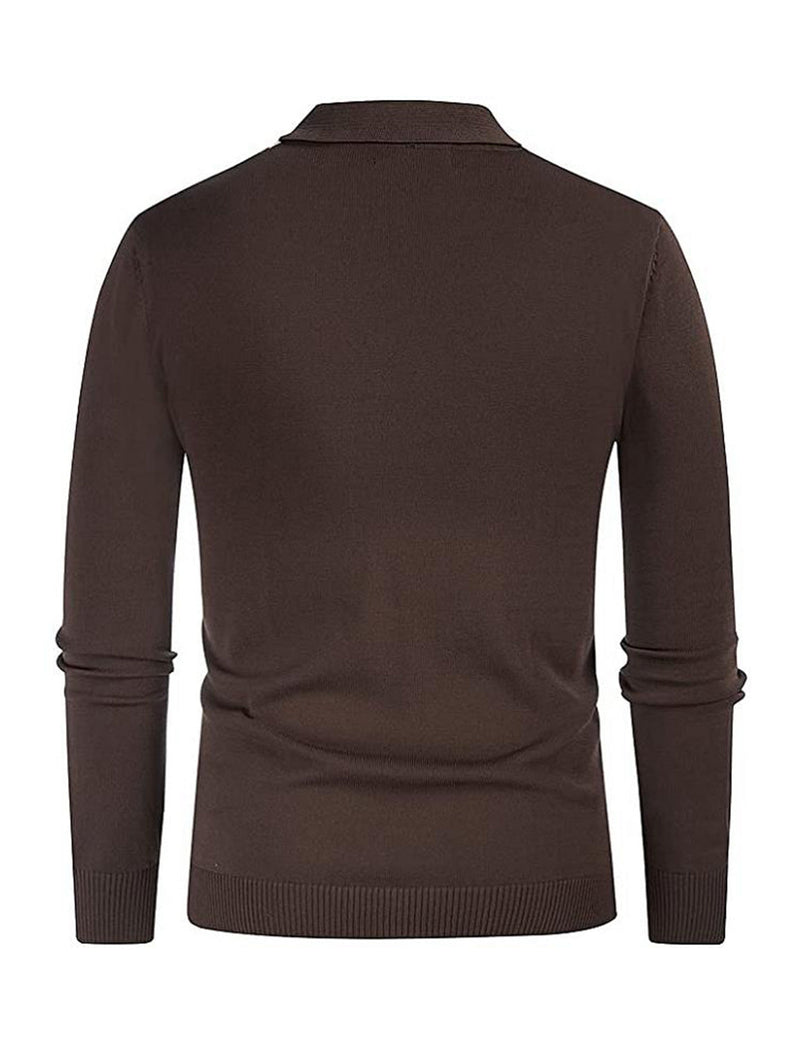 Men's Vintage Striped Button Up Knit Polo Shirt Brown Cardigan Sweater