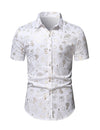 Men's Christmas Gold Print Holiday Party Button Up Short Sleeve Shirt
