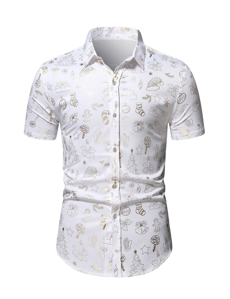 Men's Christmas Gold Print Holiday Party Button Up Short Sleeve Shirt