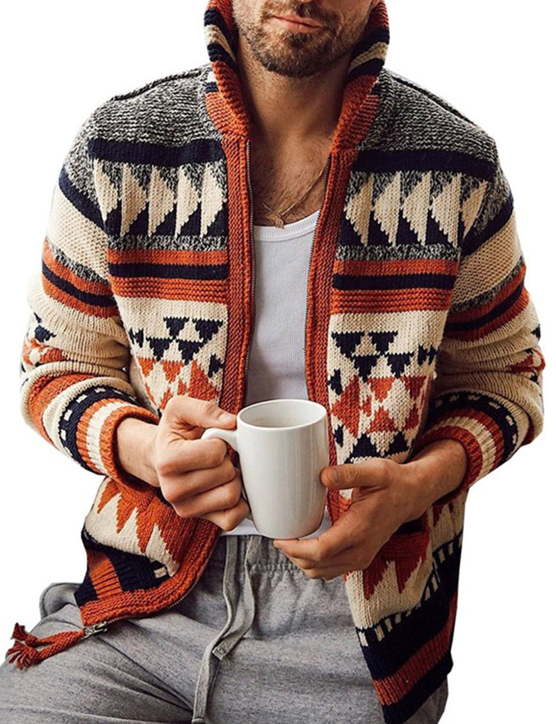 Men's Vintage Print Zip Casual Soft Fall Winter Long Sleeve Cardigan Sweater