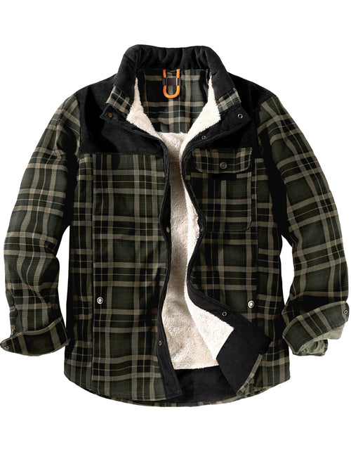 Men's Casual Plaid Flannel Fur Lined Button Up Long Sleeve Warm Shirt Jacket