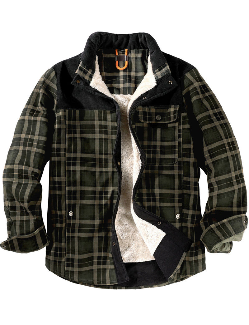 Men's Casual Plaid Flannel Fur Lined Button Up Long Sleeve Warm Shirt Jacket
