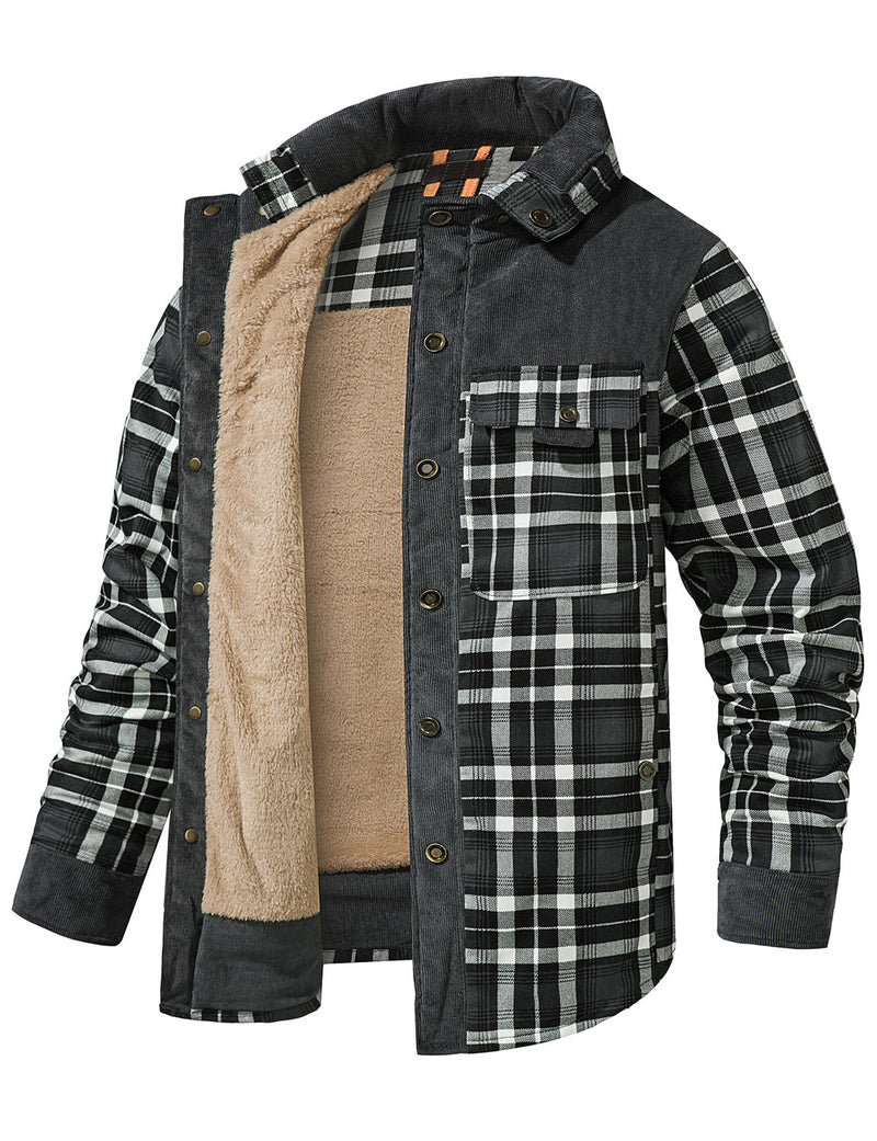 Men's Casual Plaid Flannel Fur Lined Button Up Long Sleeve Warm Shirt Jacket