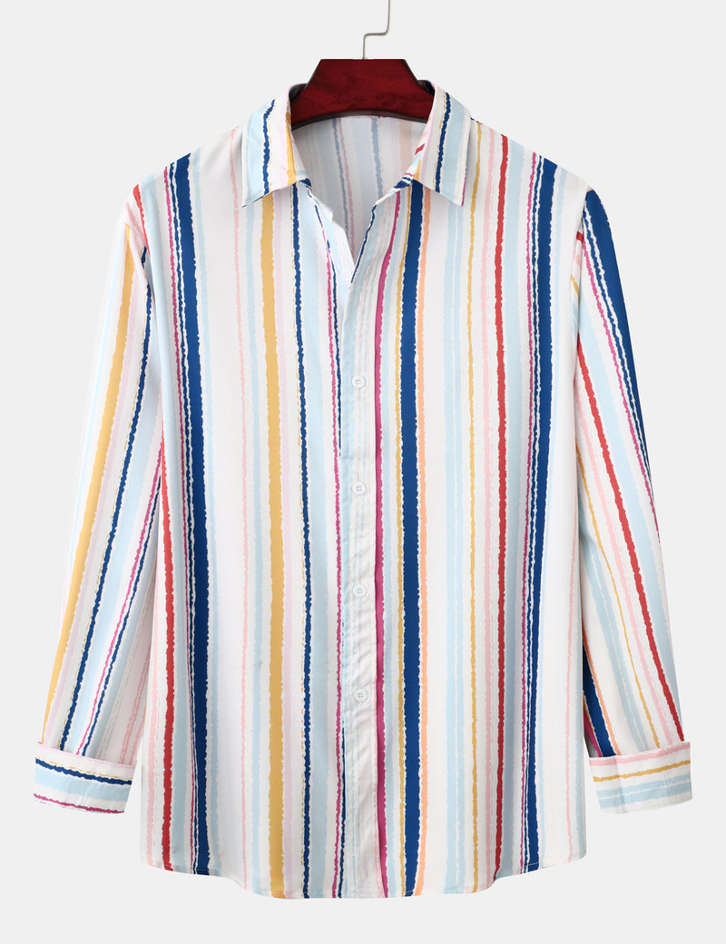 Men's Striped Casual Fall Button Up Long Sleeve Shirt