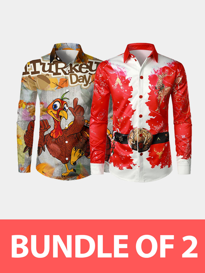 Bundle Of 2|Men's Printed Regular Fit Festive Long Sleeve Shirt