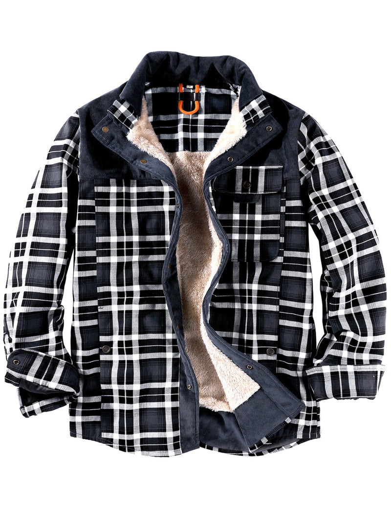 Men's Casual Plaid Flannel Fur Lined Button Up Long Sleeve Warm Shirt Jacket