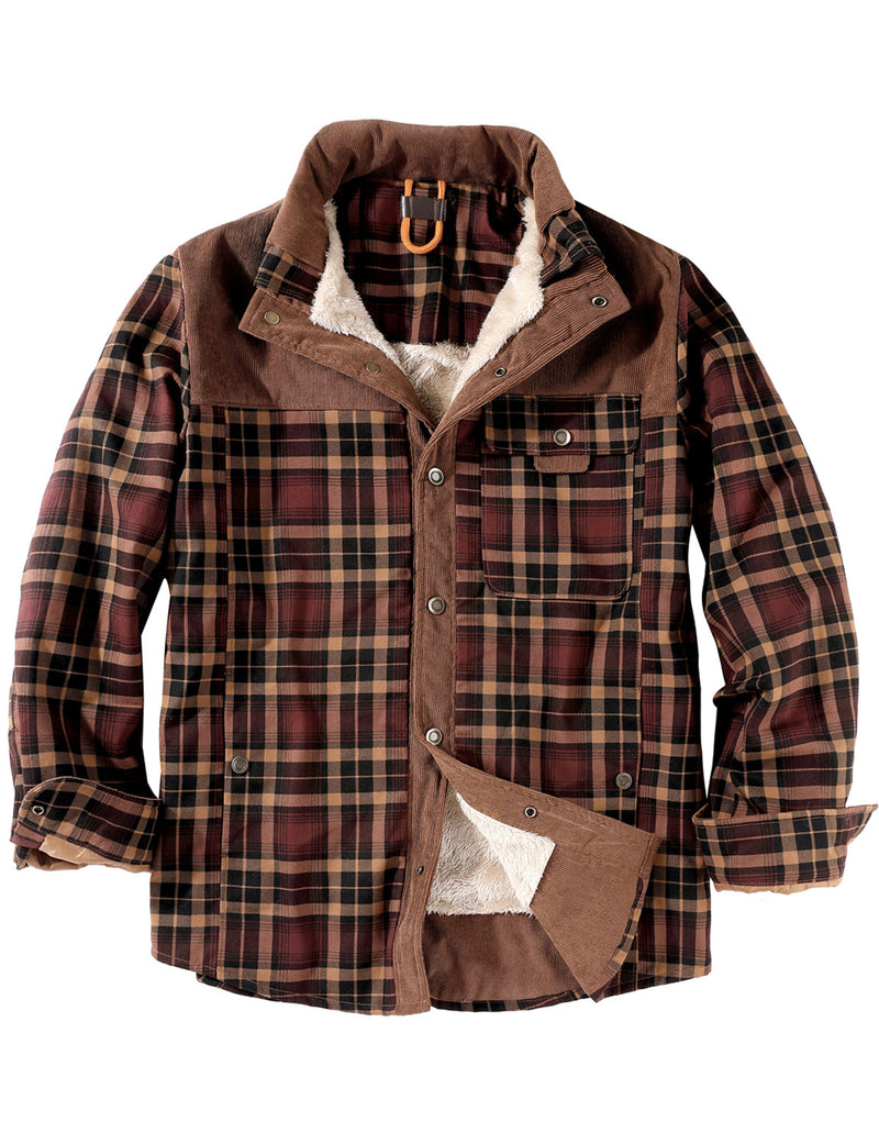 Men's Casual Plaid Flannel Fur Lined Button Up Long Sleeve Warm Shirt Jacket