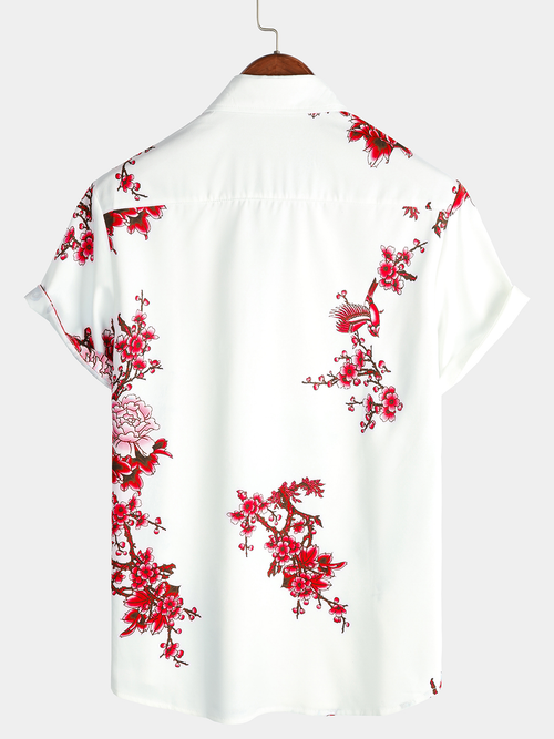 Men's Floral Printed Buttom Up Short Sleeve Casual Shirt