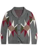 Men's Dark Grey Lapel Button Up Casual Long Sleeve V Neck Sweater Cardigan