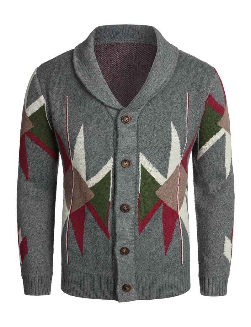 Men's Dark Grey Lapel Button Up Casual Long Sleeve V Neck Sweater Cardigan