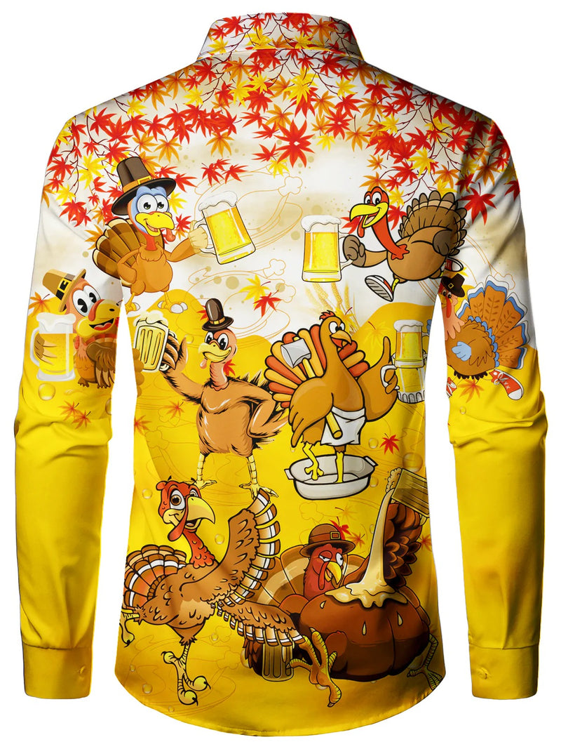 Bundle Of 4|Men's Thanksgiving Funny Turkey Print Button Up Cute Animal Vacation Long Sleeve Shirt