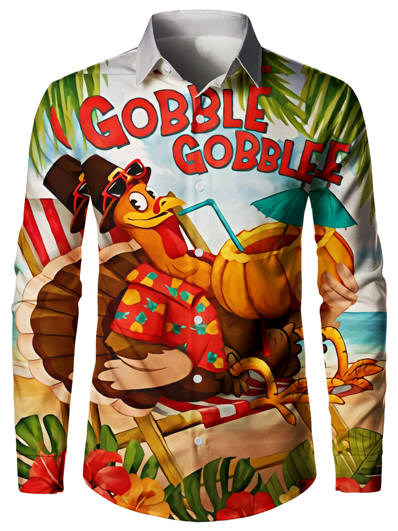 Bundle Of 4|Men's Thanksgiving Funny Turkey Print Button Up Cute Animal Vacation Long Sleeve Shirt