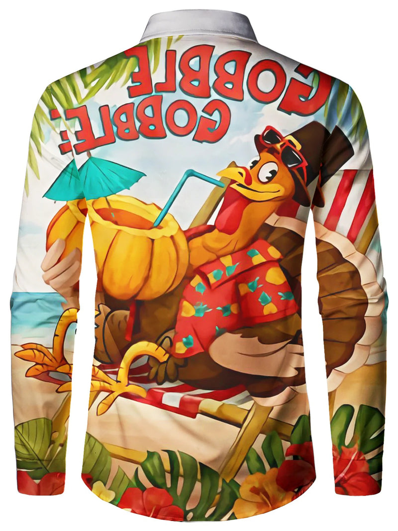 Bundle Of 4|Men's Thanksgiving Funny Turkey Print Button Up Cute Animal Vacation Long Sleeve Shirt