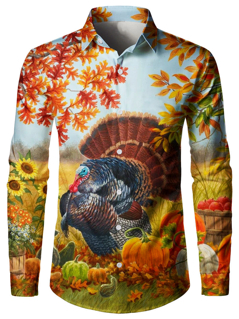 Men's Thanksgiving Maple Leaf Turkey Button Up Funny Animal Sunflower Fall Long Sleeve Shirt
