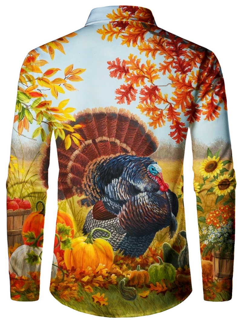 Men's Thanksgiving Maple Leaf Turkey Button Up Funny Animal Sunflower Fall Long Sleeve Shirt