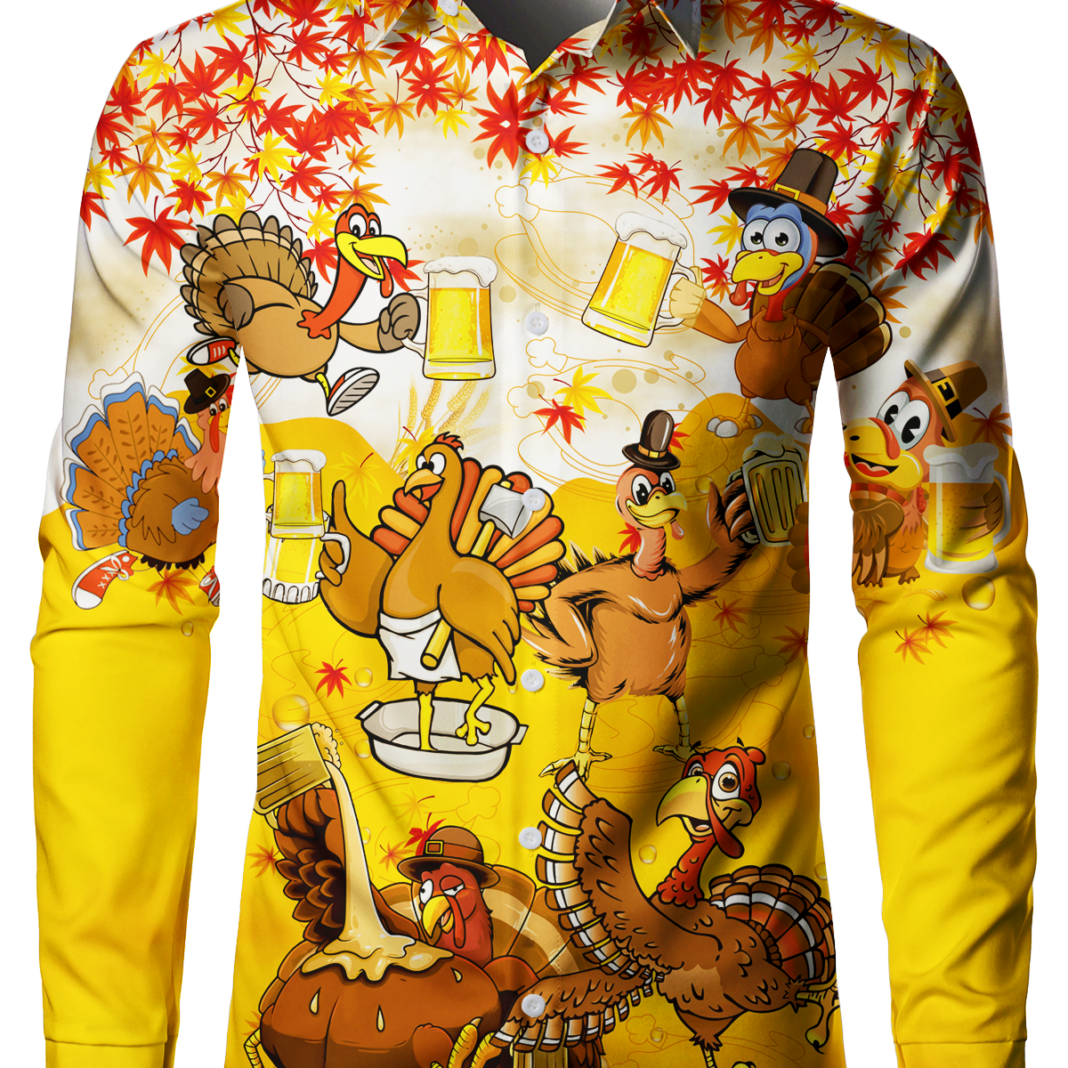 Men's Thanksgiving Beer Cute Turkey Button Up Funny Animal Maple Leaf Long Sleeve Shirt
