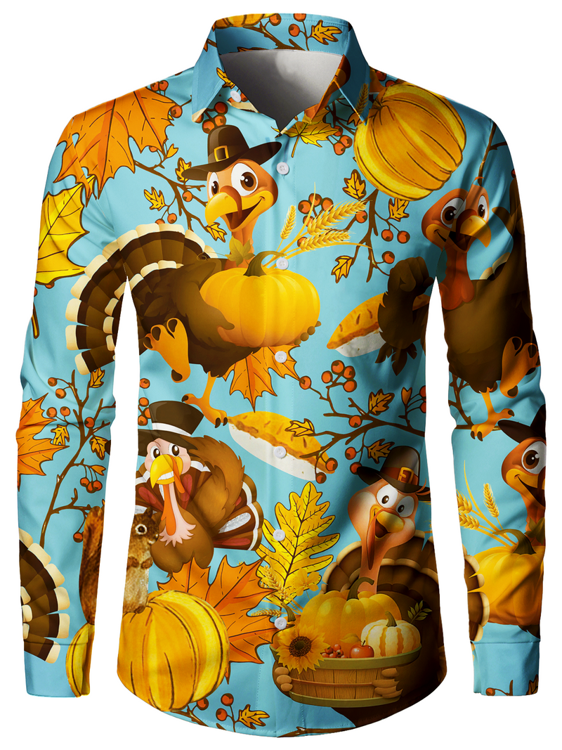 Bundle Of 4|Men's Thanksgiving Funny Turkey Print Button Up Cute Animal Vacation Long Sleeve Shirt