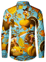 Men's Turkey Thanksgiving Button Up Funny Animal Thankful Holiday Long Sleeve Shirt
