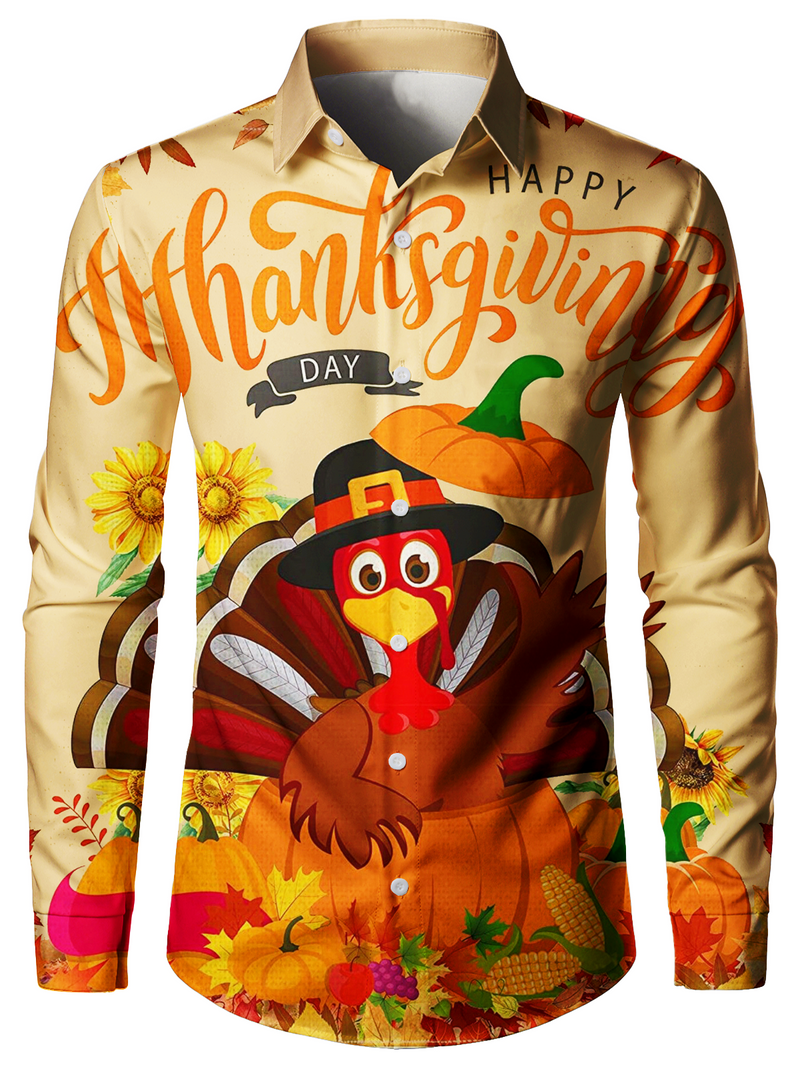 Men's Turkey Thanksgiving Button Up Funny Animal Vacation Fall Long Sleeve Shirt