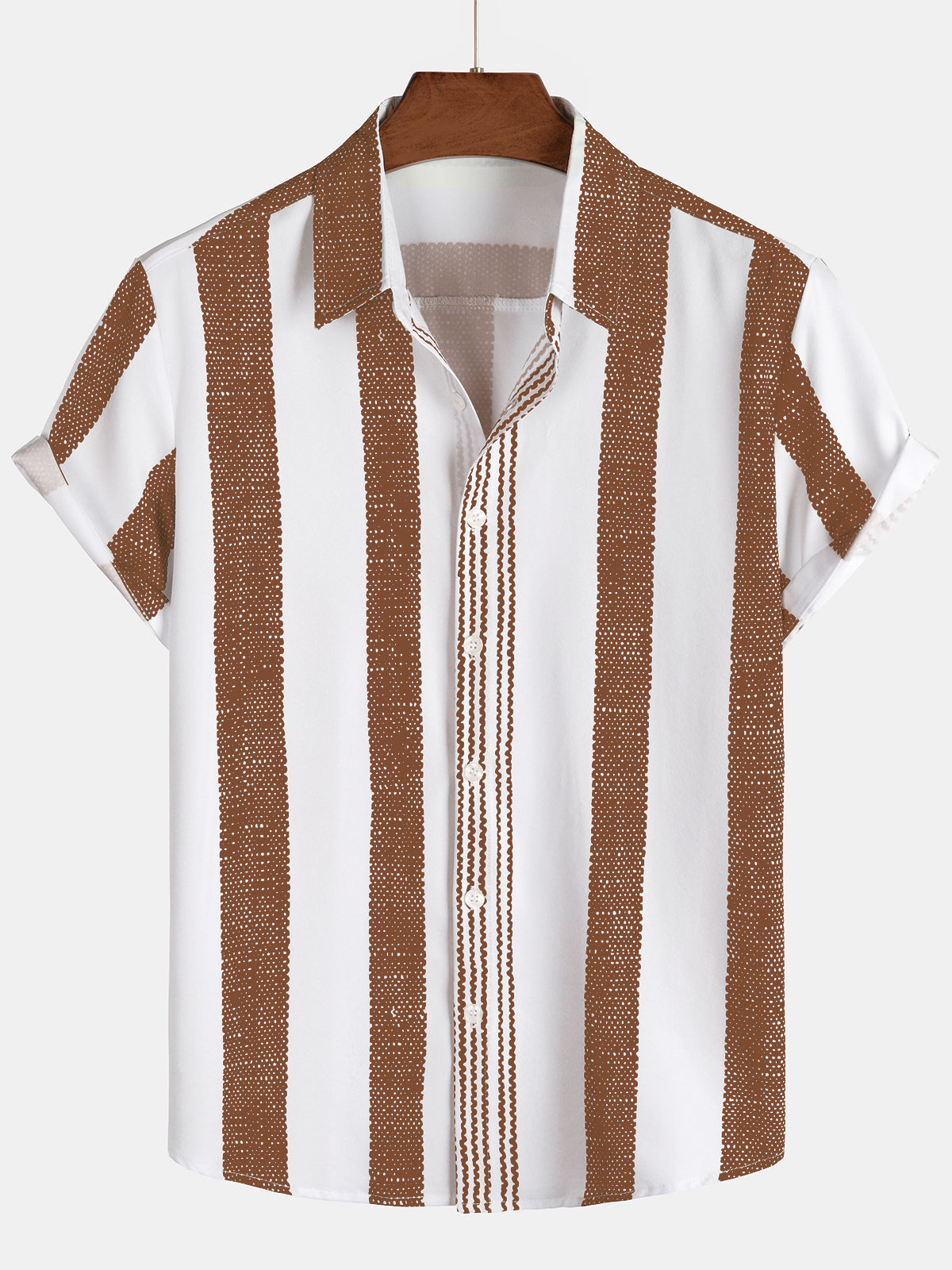 Men's Vintage Brown Vertical Striped Casual Short Sleeve Shirt