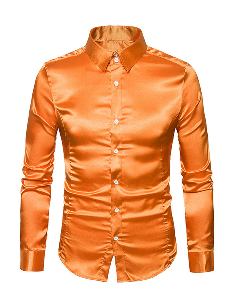Men's Satin Smooth Button Up Tuxedo Long Sleeve Party Dress Shirt