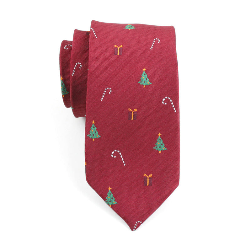 Men's Christmas Tree Candy Cane Print Burgundy Xmas Tie