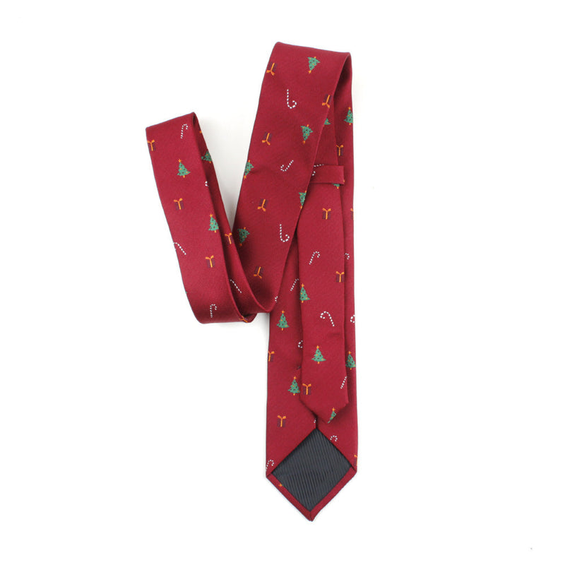 Men's Christmas Tree Candy Cane Print Burgundy Xmas Tie