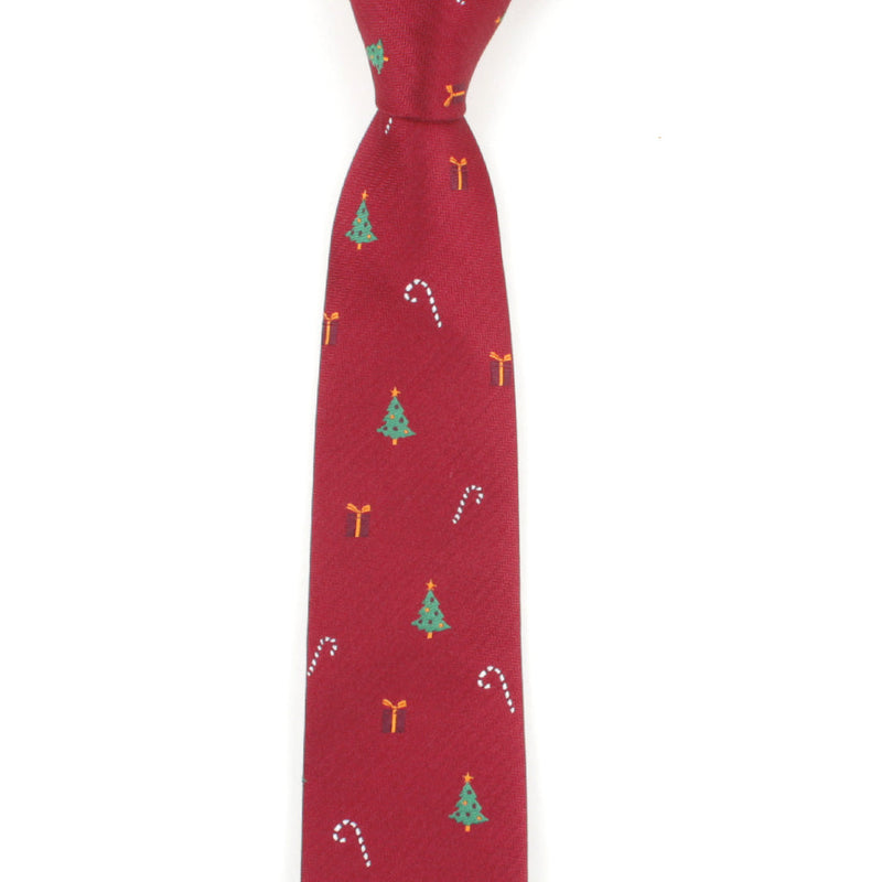 Men's Christmas Tree Candy Cane Print Burgundy Xmas Tie