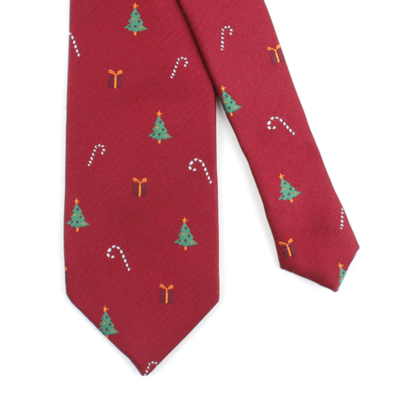 Men's Christmas Tree Candy Cane Print Burgundy Xmas Tie