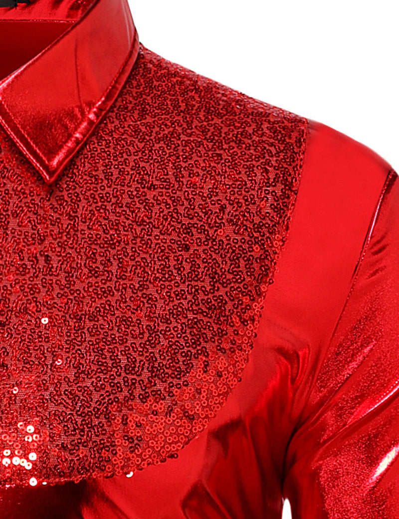 Men's Luxury Shiny Button Up Tuxedo Costume Long Sleeve Party Dress Shirt