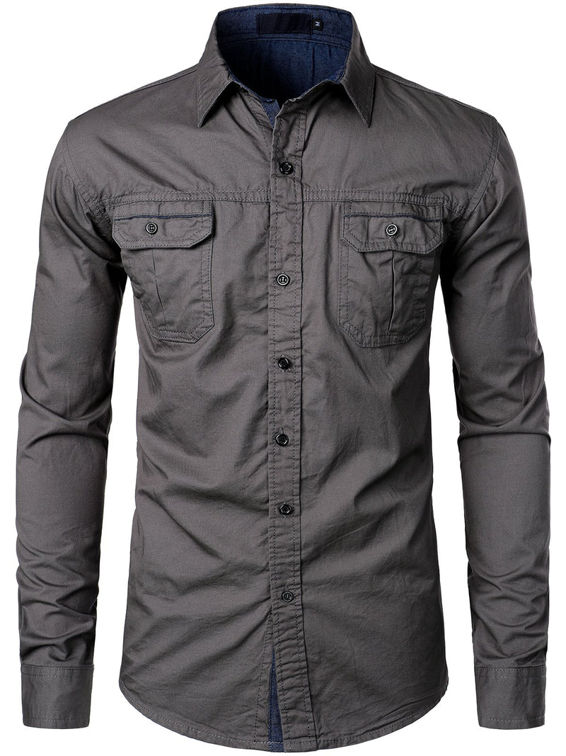 Men's Long Sleeve Lapel Pocket Cotton Army Outdoor Casual Shirt
