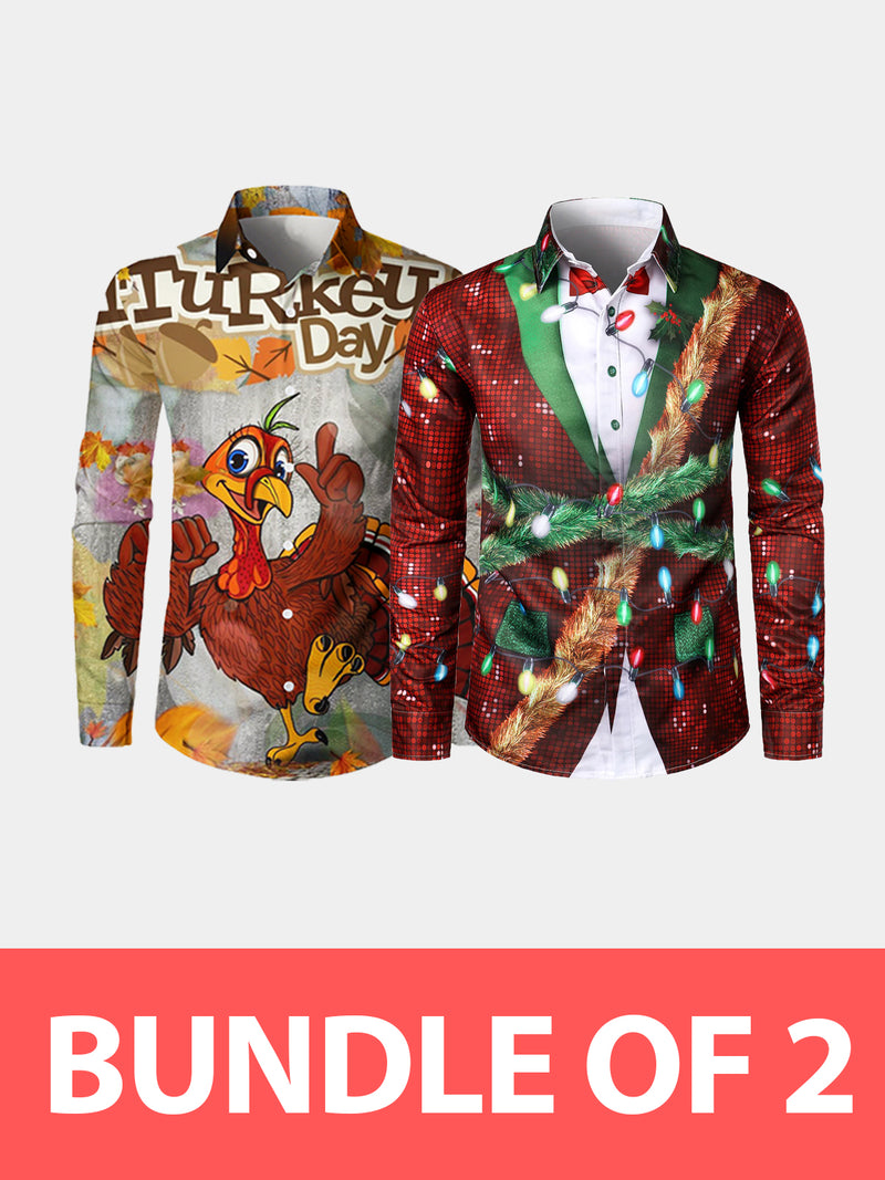 Bundle Of 2|Men's Printed Regular Fit Festive Long Sleeve Shirt