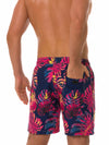 Men's Summer Tropical Leaf Print Beach Shorts Navy Blue Swimming Trunks