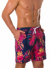 Men's Summer Tropical Leaf Print Beach Shorts Navy Blue Swimming Trunks