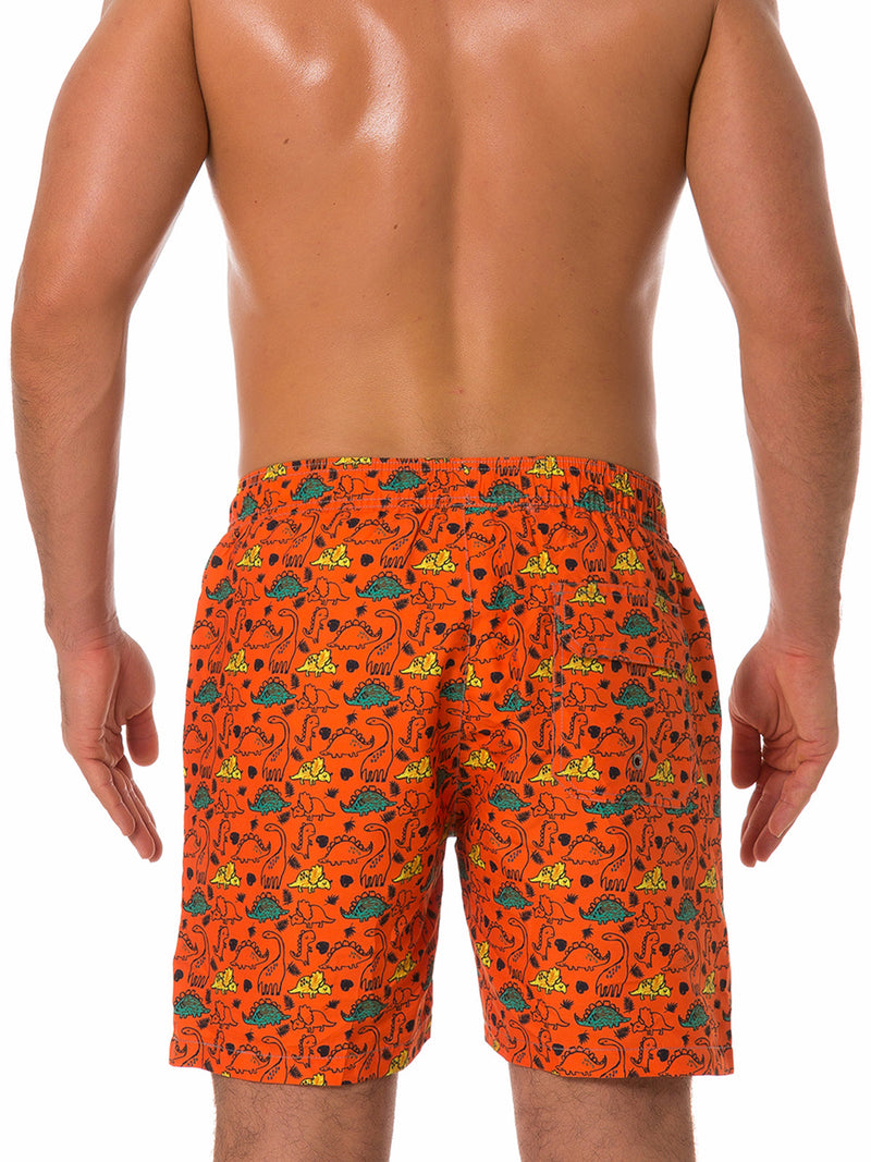 Men's Summer Fun Dinosaur Print Orange Beach Shorts Swimming Trunks