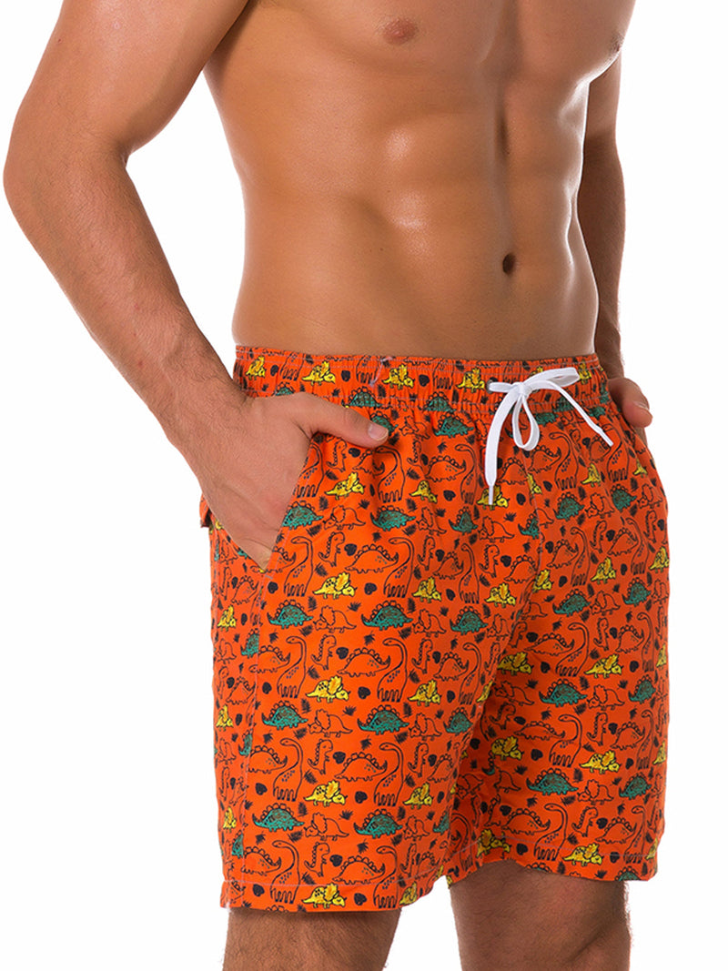 Men's Summer Fun Dinosaur Print Orange Beach Shorts Swimming Trunks