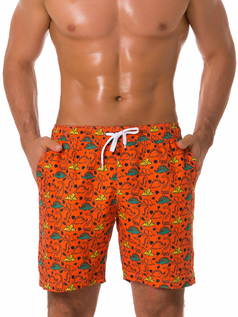 Men's Summer Fun Dinosaur Print Orange Beach Shorts Swimming Trunks