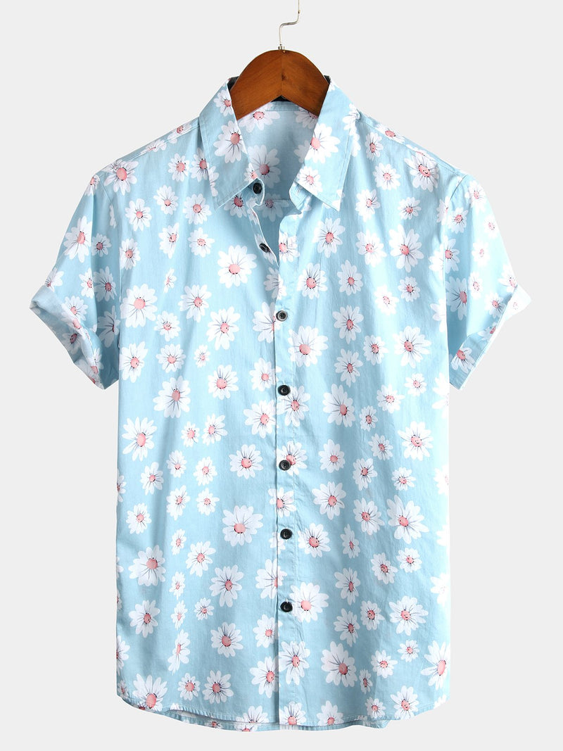 Men's Floral Daisy Print Tropical Hawaiian Cotton Flower Shirt