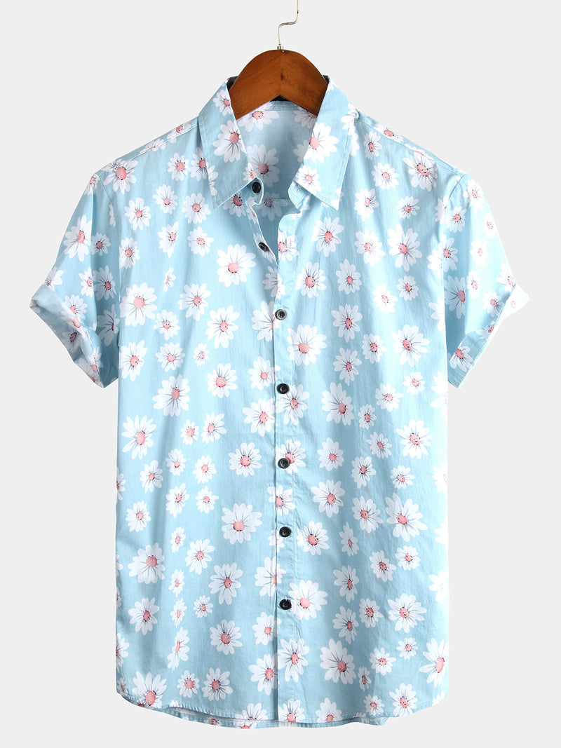 Men's Floral Daisy Print Tropical Hawaiian Cotton Flower Shirt