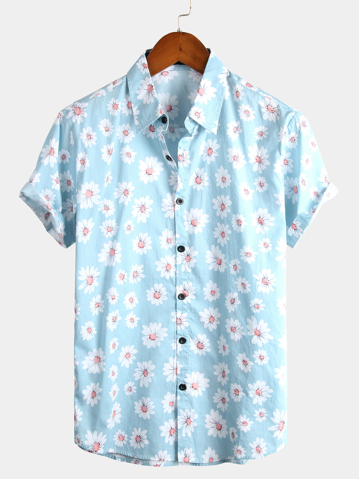 Men's Pink Floral Daisy Print Tropical Hawaiian Cotton Flower Shirt