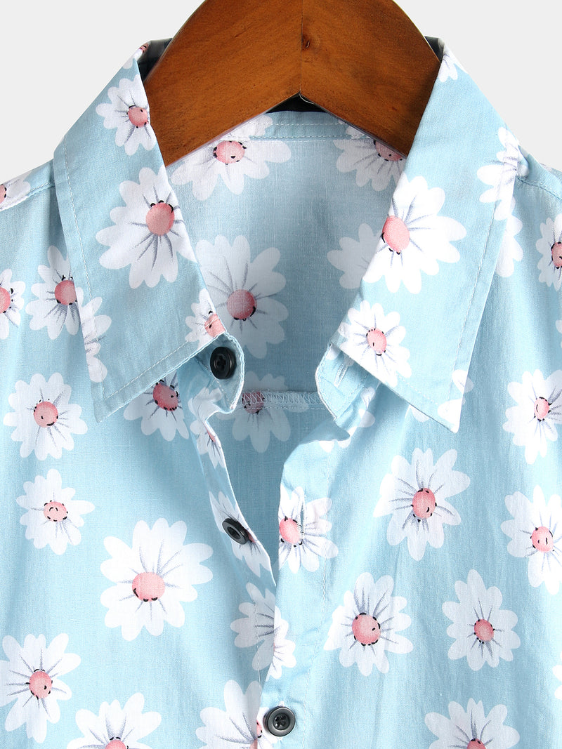 Men's Floral Daisy Print Tropical Hawaiian Cotton Flower Shirt