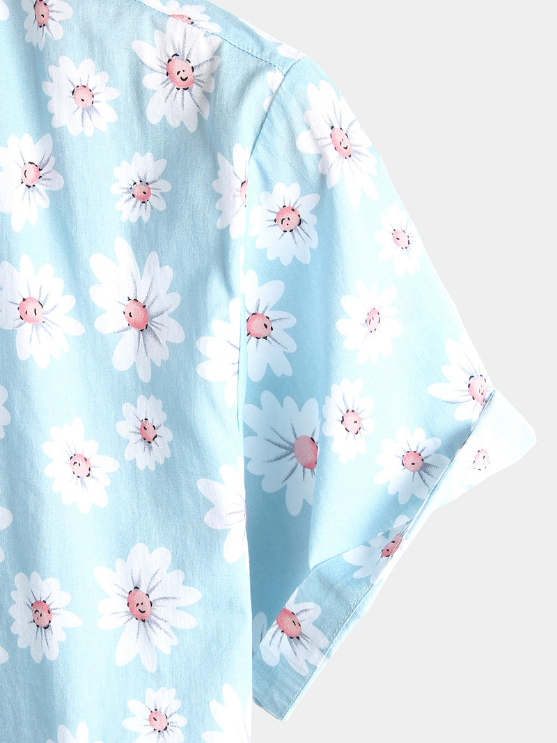 Men's Floral Daisy Print Tropical Hawaiian Cotton Flower Shirt