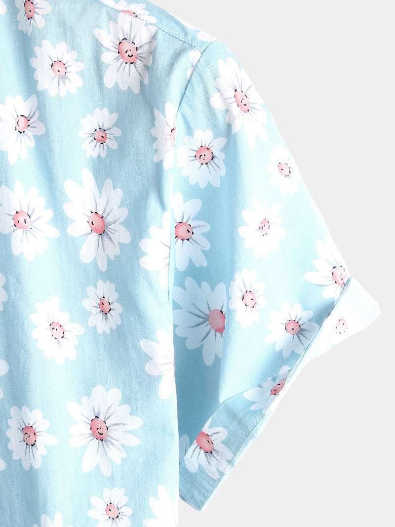 Men's Floral Daisy Print Tropical Hawaiian Cotton Flower Shirt