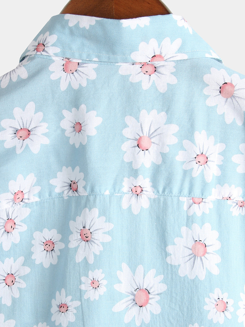 Men's Floral Daisy Print Tropical Hawaiian Cotton Flower Shirt