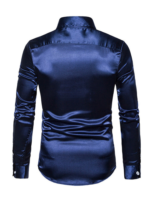 Men's Satin Smooth Button Up Tuxedo Long Sleeve Party Dress Shirt