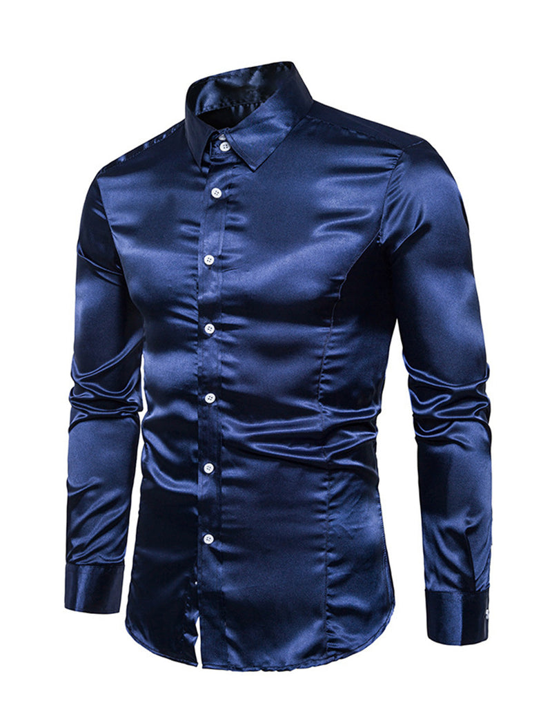 Men's Satin Smooth Button Up Tuxedo Long Sleeve Party Dress Shirt